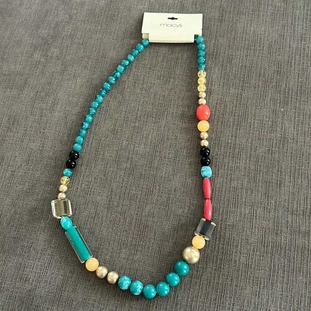Macys Long beaded necklace, turquoise gold yellow clear red beads NWT